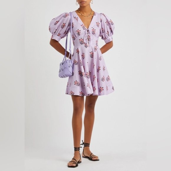 RHODE Dresses & Skirts - *SOLD* RHODE 'Zoya' Puff-Sleeve Marigold-Flower Linen Mini-Dress, Violet